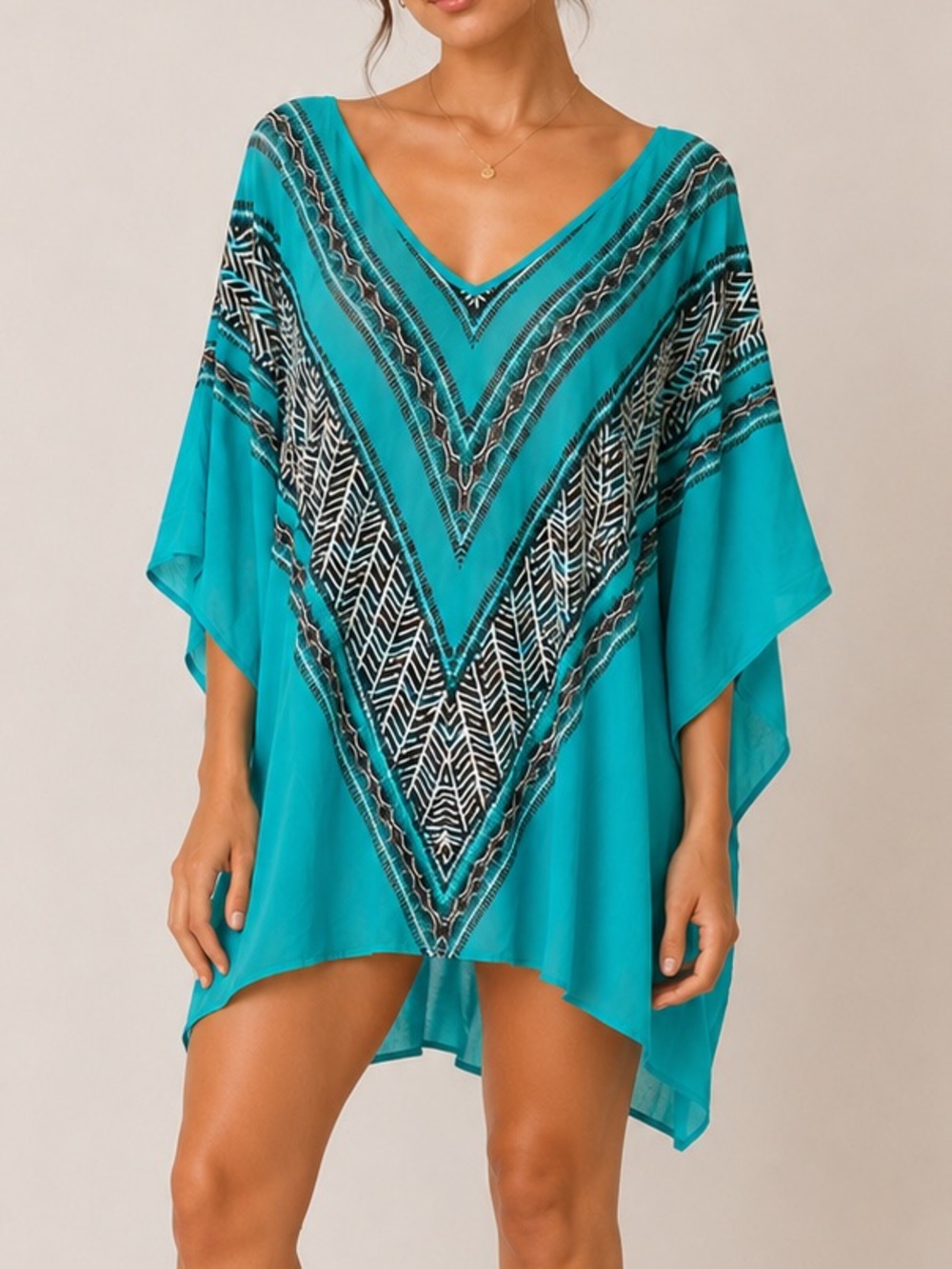 Vix Paula Hermanny Teal Oversized V-Neck Swim Cover Up Kaftan Resort Beach Tunic